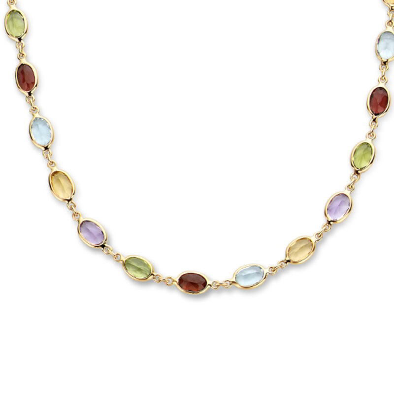 geelgouden collier, multicolor edelstenen